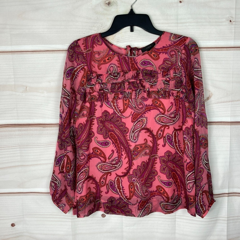 J Crew Top Women 00 Pink Paisley Blouse Silk Chiffon Long Sleeve Ruffle Pullover
